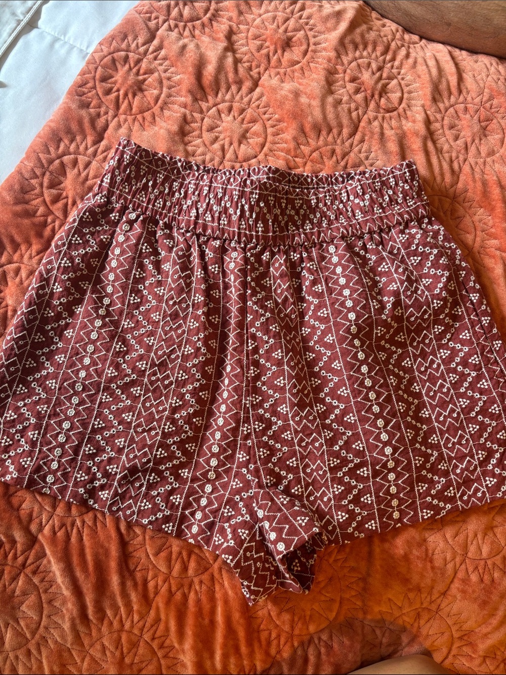 ZARA Boho Print Elastic-High Waist Women's Shorts - Rust
